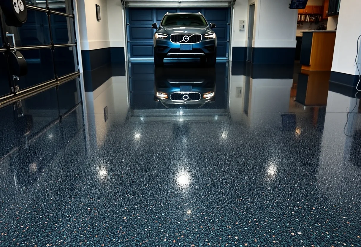 Glossy metallic-flake polyurea coated garage floor reflecting the light in a Louisiana home